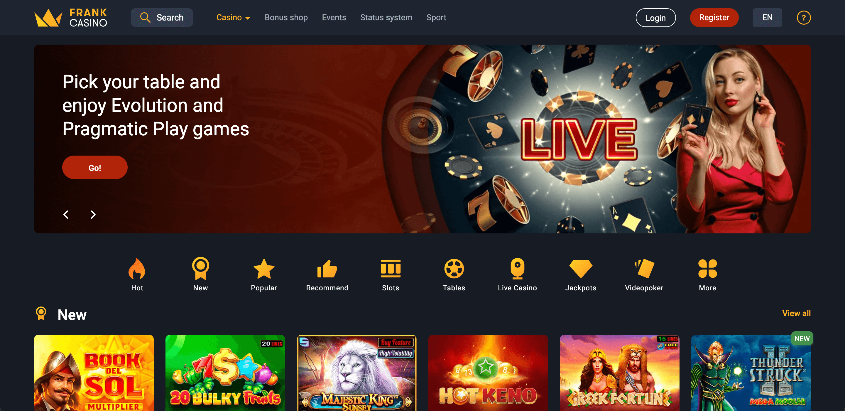 frank casino homepage